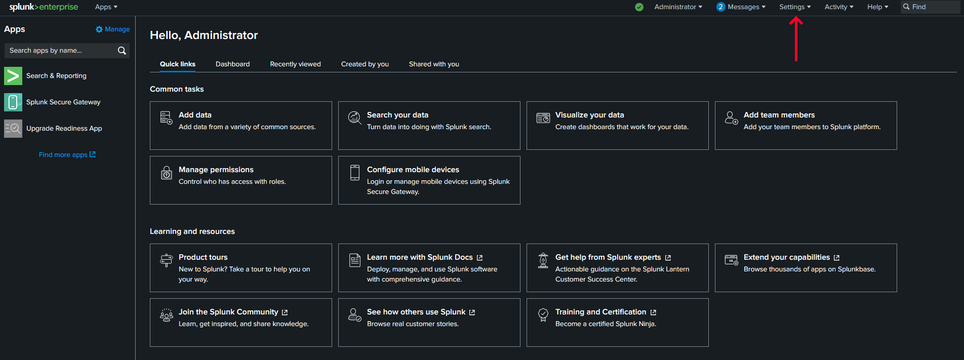 Splunk home page