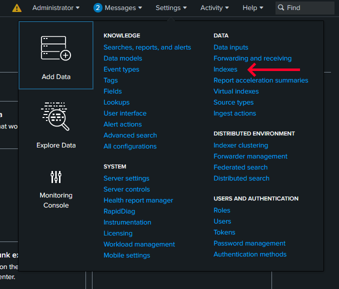 Settings panel with indexes highlighted