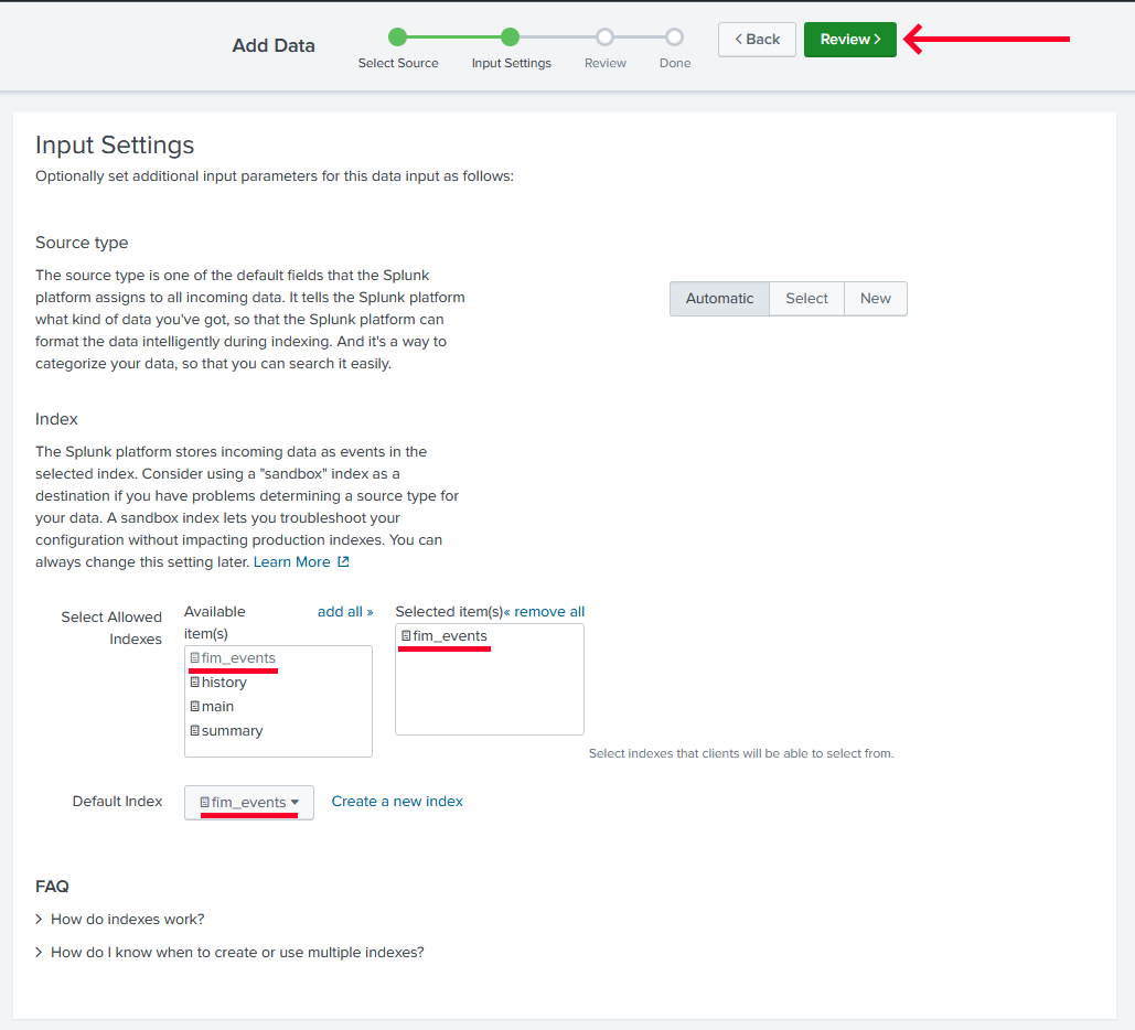 HTTP Event Collector index selector